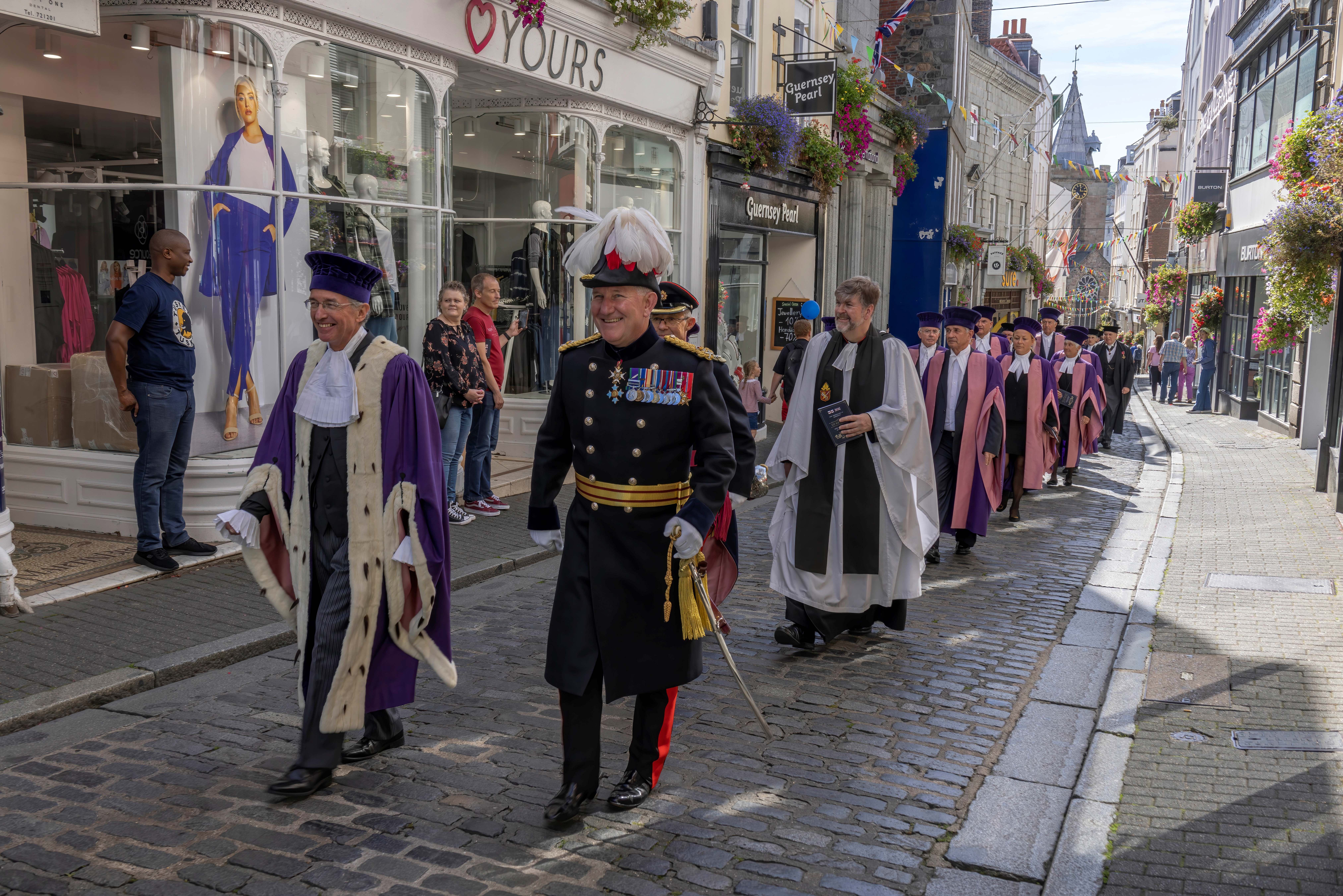Parade to celebrate the Proclamation of King Charles III September 11 2022. Accompanied by The Bailiff of Guernsey, Sir Richard McMahon and visible also is the Dean of Guernsey The Very Reverend Tim Barker
